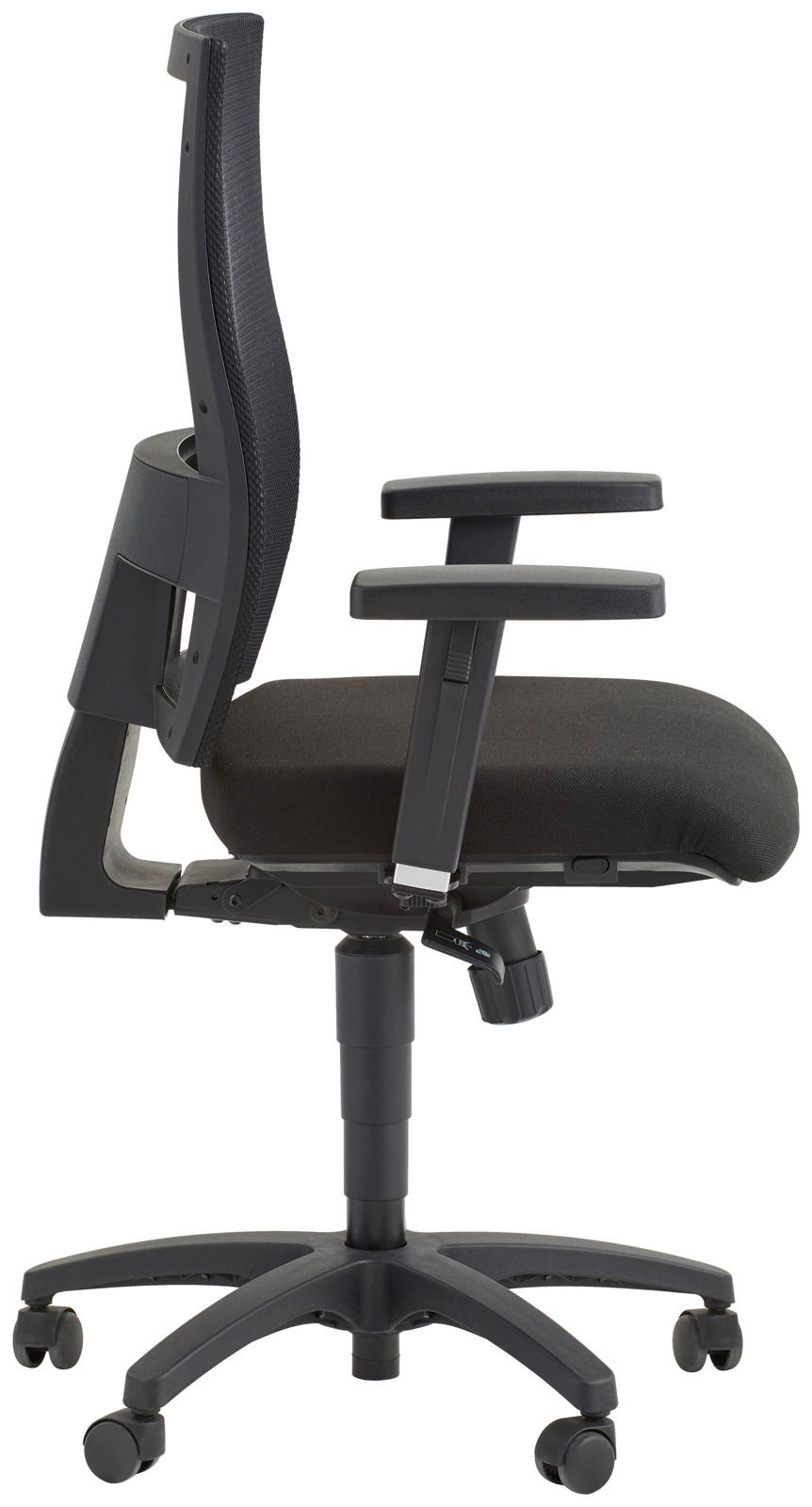 Moderner schwarzer Drehstuhl mit verstellbaren Armlehnen und ergonomischer Rückenlehne, Seitenansicht.