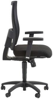 Moderner schwarzer Drehstuhl mit verstellbaren Armlehnen und ergonomischer Rückenlehne, Seitenansicht.