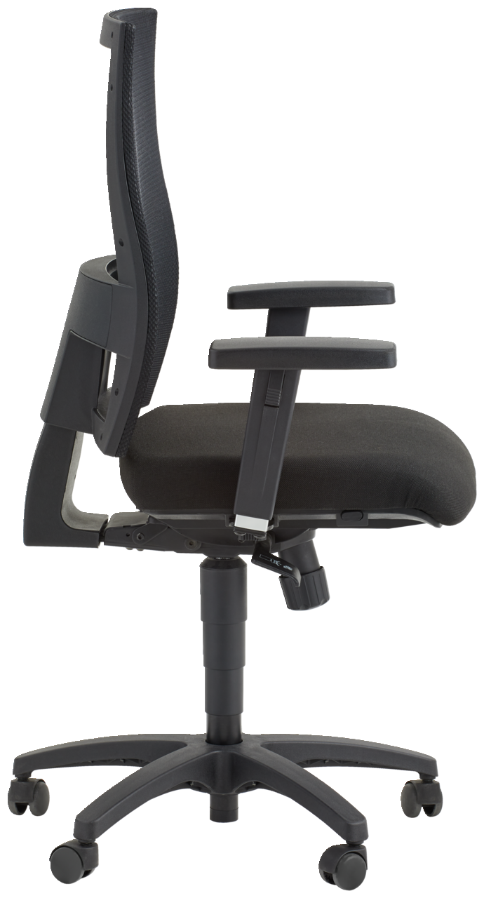 Moderner schwarzer Drehstuhl mit verstellbaren Armlehnen und ergonomischer Rückenlehne, Seitenansicht.