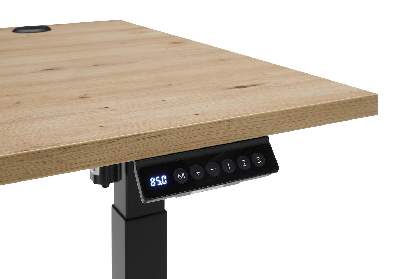 Nahaufnahme eines E-Schreibtischs mit Holzoberfläche und digitalem Bedienfeld an der Seite
