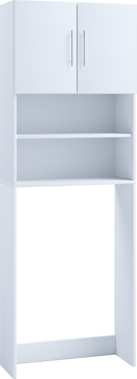 VCM Waschmaschinenüberbau JUTAS Weißer Überbauschrank/Regal für Waschmaschine mit zwei Türen oben, offenem Mittelregal und freiem Stellplatz unten, frontal aus leichter Schrägansicht