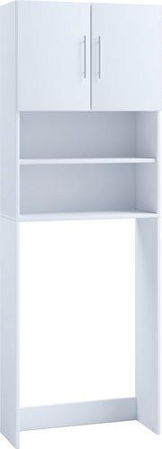Weißer Überbauschrank/Regal für Waschmaschine mit zwei Türen oben, offenem Mittelregal und freiem Stellplatz unten, frontal aus leichter Schrägansicht