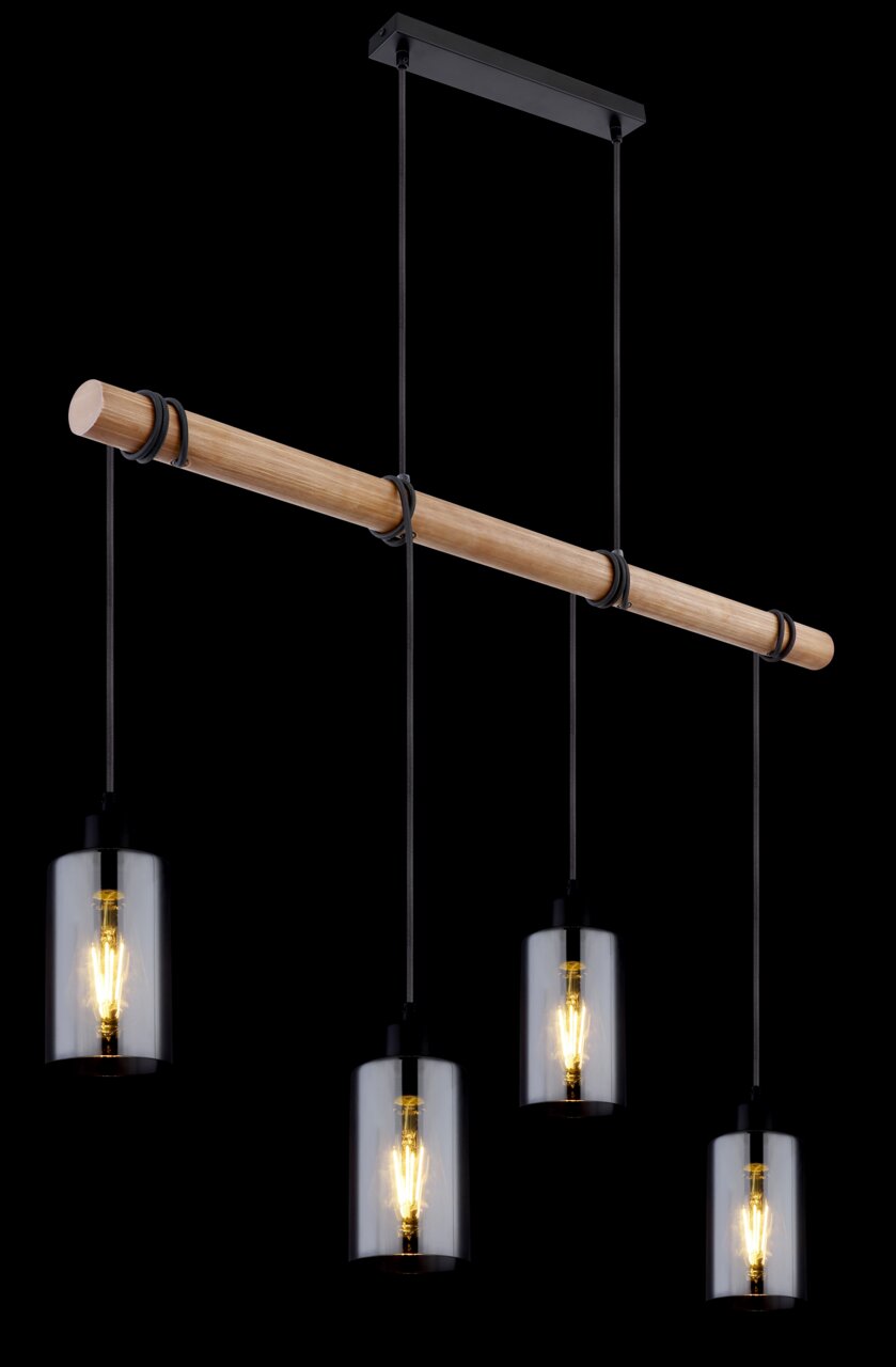 Moderne Hängeleuchte mit vier Glühbirnen, hängend an einem Holzstab, seitliche Perspektive