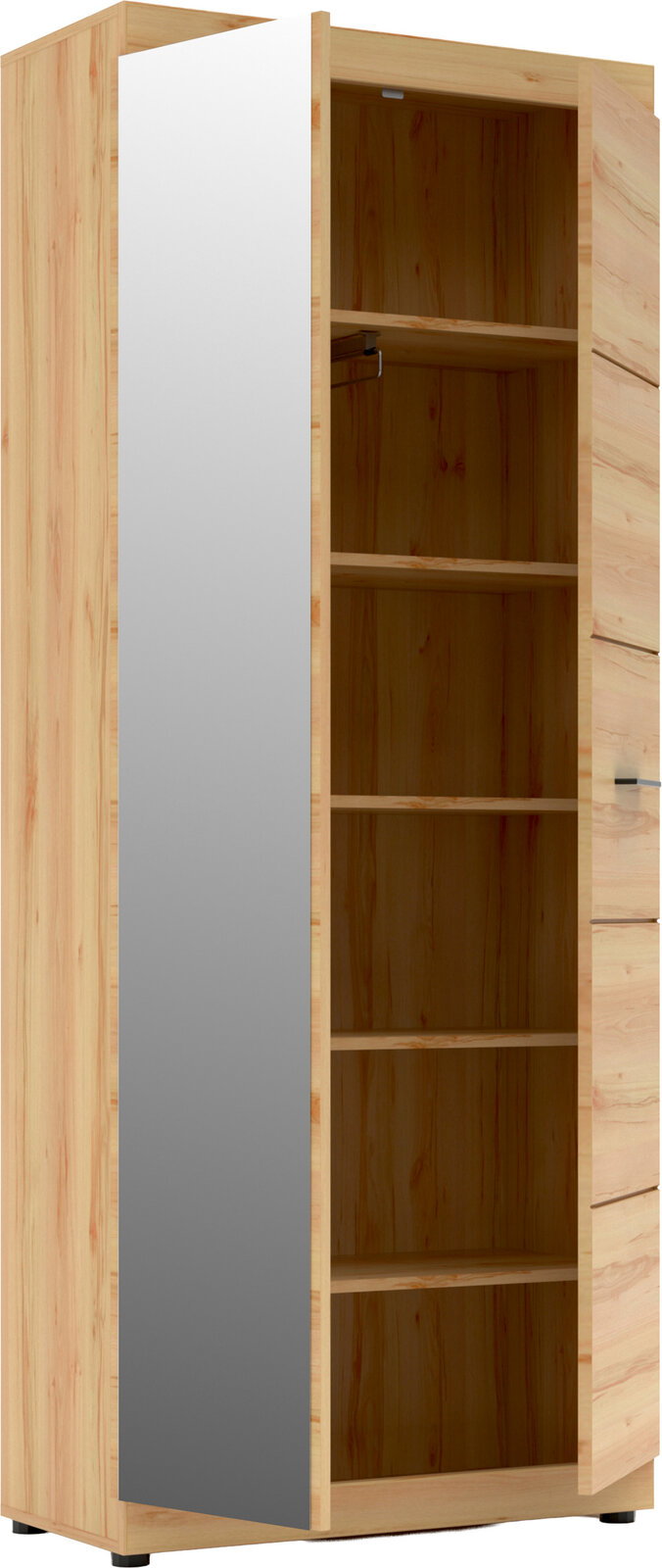 Hoher Holzschrank mit geöffneter Tür und mehreren Einlegeböden, Front mit grauer Paneeloptik, in schräger Vorderansicht von links