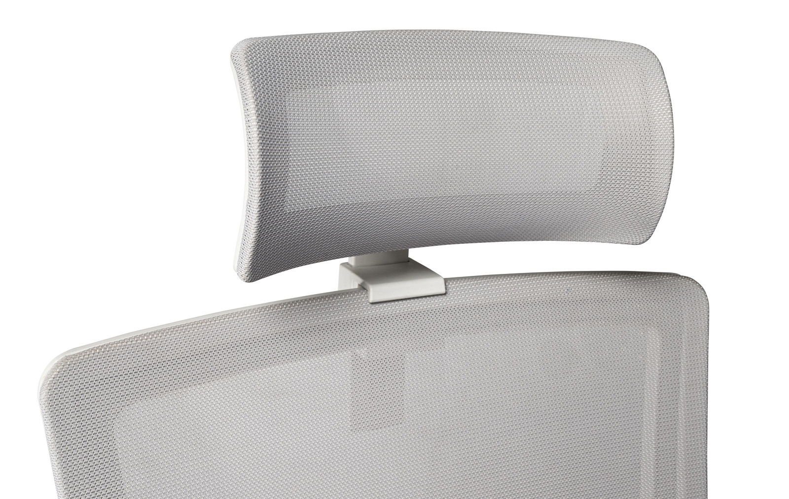 Nahaufnahme eines grauen Drehstuhls mit Netzrückenlehne und Kopfstütze, seitliche Perspektive