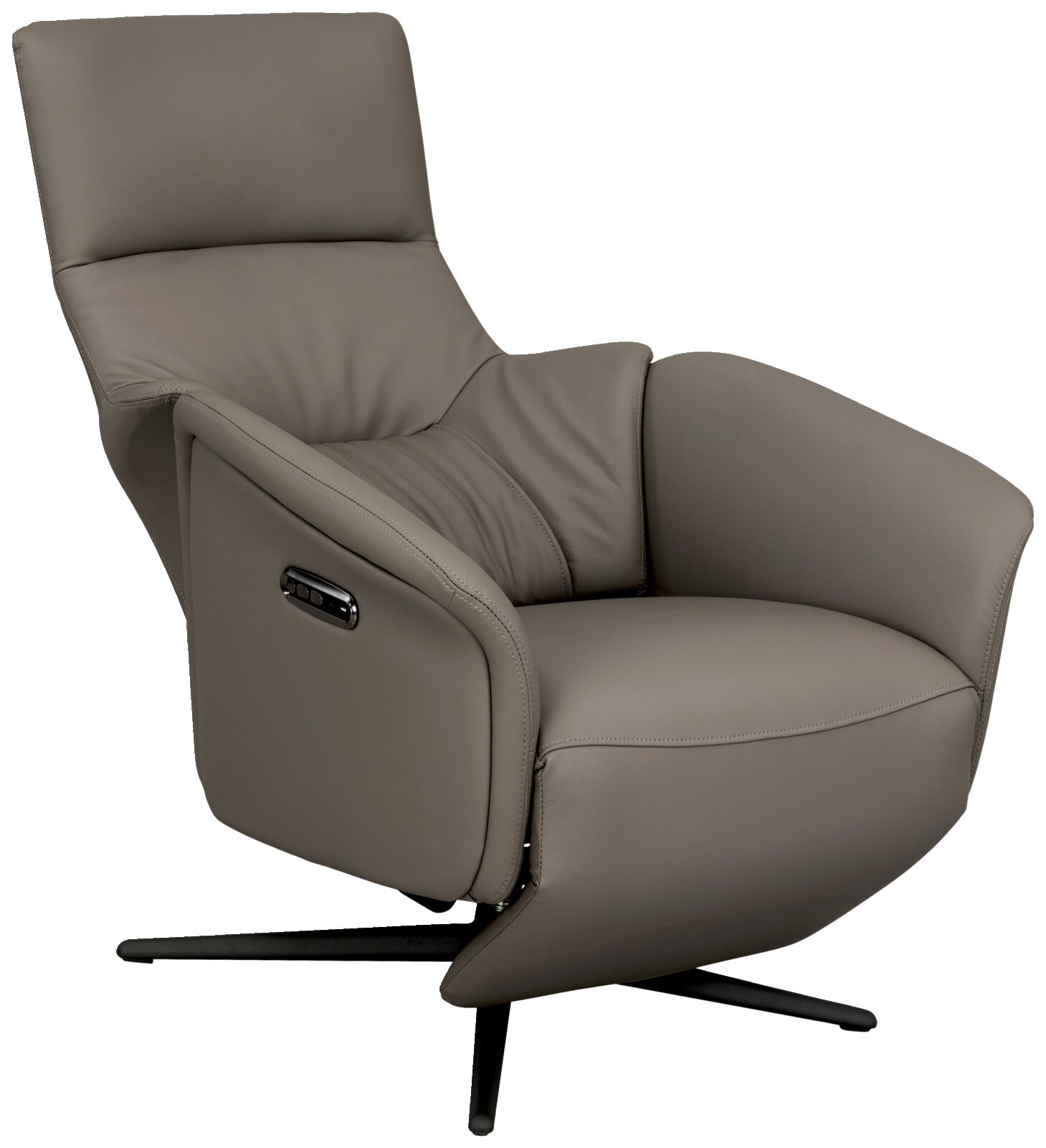 Moderne relaxfauteuil van grijs leer, zijaanzicht