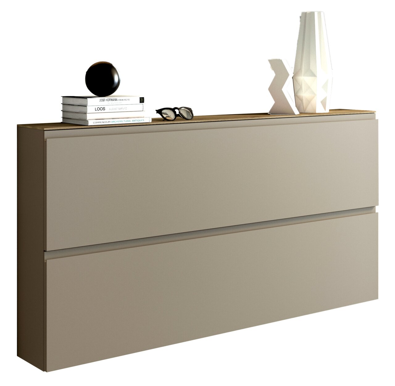 Moderano XL-Hängeschuhschrank LECCO Moderner XL-Hängeschuhschrank in Beige mit zwei Schubladen, dekoriert mit Büchern, einer schwarzen Kugel und einer weißen Vase, seitliche Perspektive.