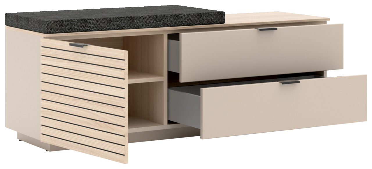 Garderobenbank mit zwei Schubladen und einer offenen Tür, seitliche Perspektive