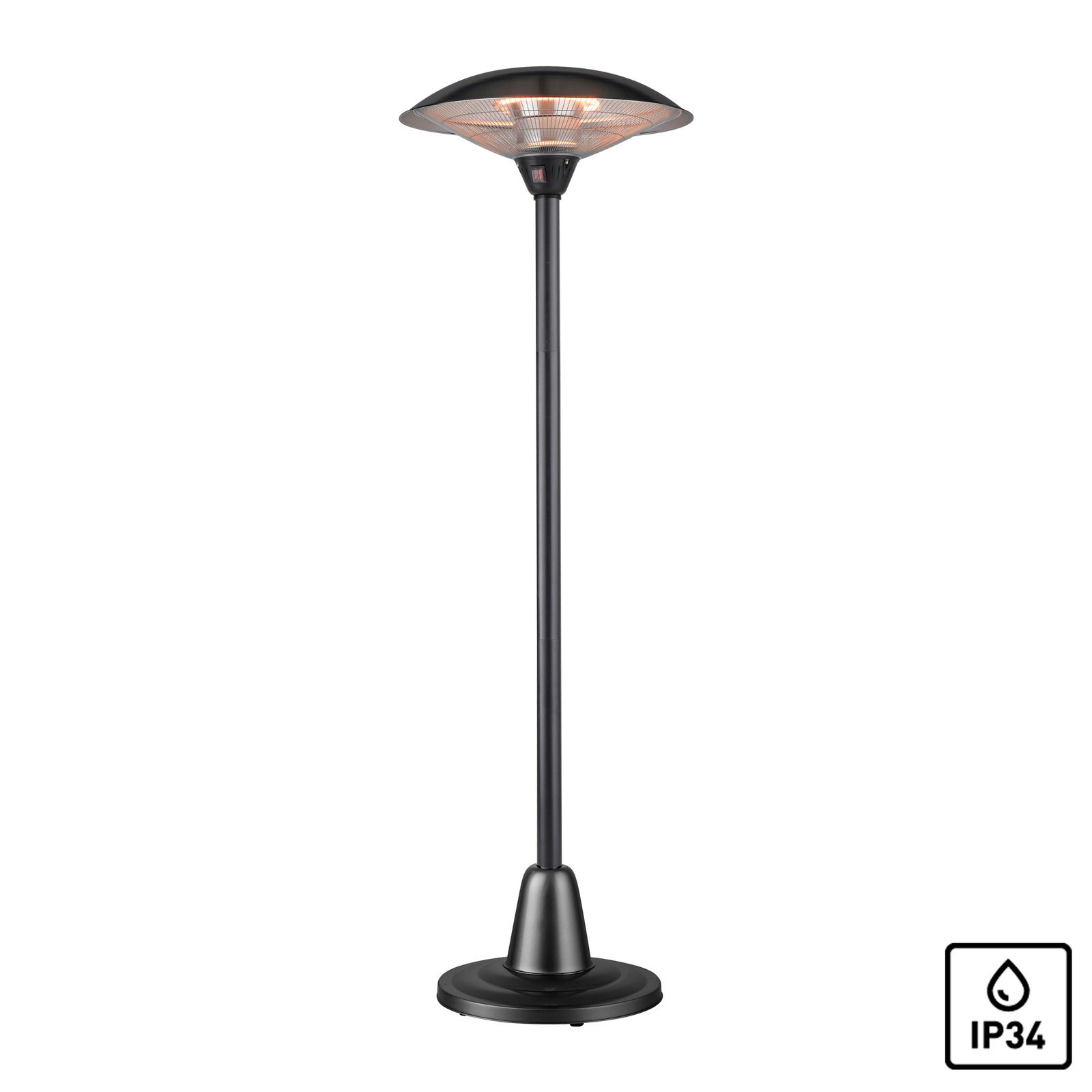 Freistehender Standheizstrahler in schwarzer Farbe, frontal abgebildet.