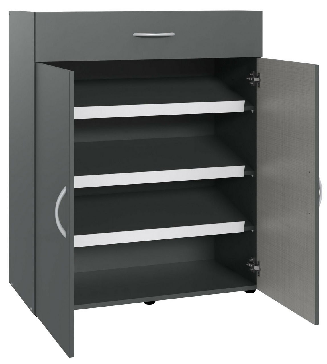 XORA Schuhschrank MULTIRAUMKONZEPT Grauer Schuhschrank mit einer Schublade oben und zwei offenen Türen, die drei Regalböden zeigen, Perspektive von vorne.