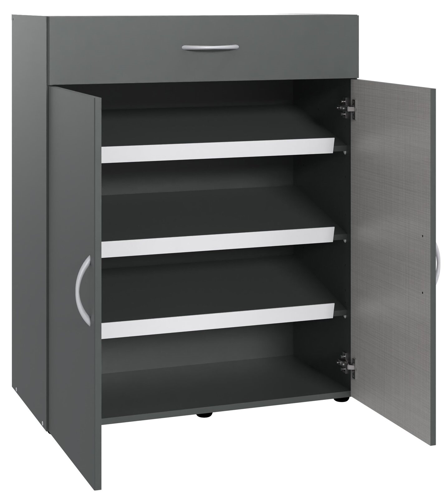 XORA Schuhschrank MULTIRAUMKONZEPT Grauer Schuhschrank mit einer Schublade oben und zwei offenen Türen, die drei Regalböden zeigen, Perspektive von vorne.