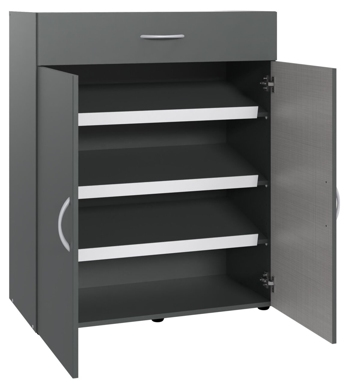 XORA Schuhschrank MULTIRAUMKONZEPT Grauer Schuhschrank mit einer Schublade oben und zwei offenen Türen, die drei Regalböden zeigen, Perspektive von vorne.