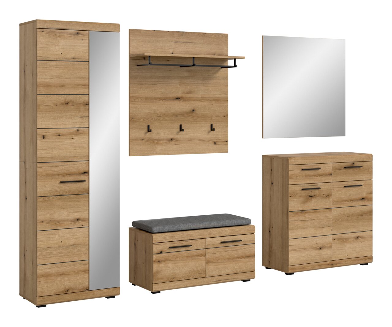 MID.YOU Garderoben-Set 5tlg. SCOUT Garderoben-Set 5-teilig in Holzoptik mit Spiegel, Hakenleiste, Sitzbank und Kommode, seitliche Perspektive
