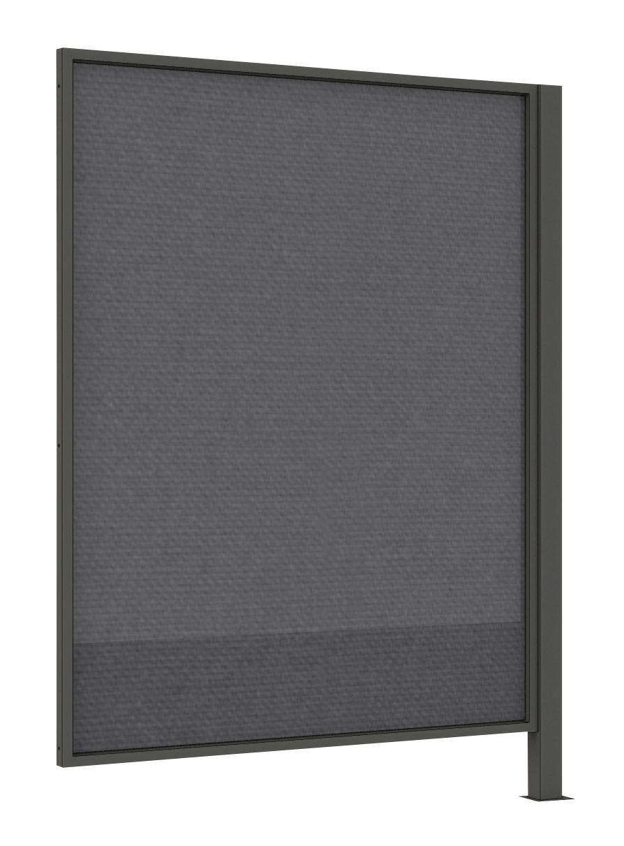 Sichtschutz aus grauem Material in einem stabilen Rahmen, seitliche Perspektive