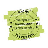 Runde grüne Grafik mit dem Text 'RACHS TESTURTEIL' und 'Top: Spitzentemperaturen & krosse Kruste', perspektivisch von oben betrachtet.