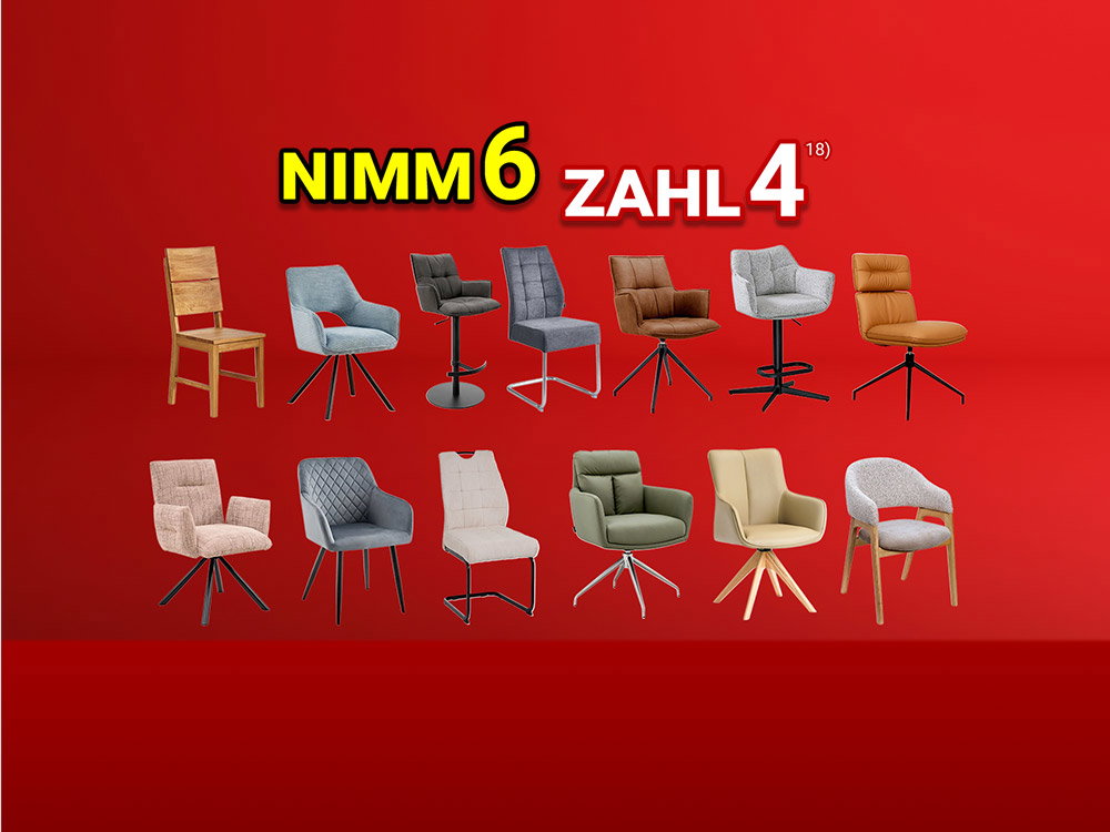 Roter Hintergrund mit zwölf verschiedenen Stühlen und dem Text „NIMM 6, ZAHL 4“.