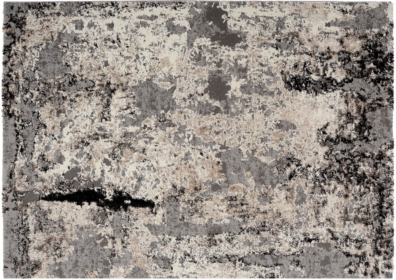 Moderner Designer-Teppich mit abstraktem Muster in Grau- und Beigetönen, Draufsicht