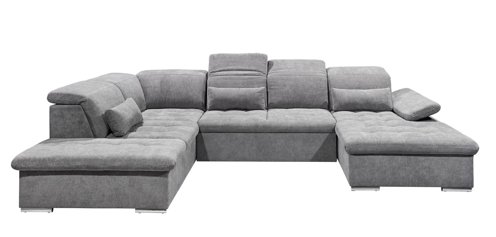 Graues Ecksofa in U-Form mit verstellbaren Kopfstützen und Kissen, Vorderansicht
