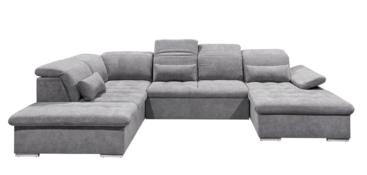 Graues Ecksofa in U-Form mit verstellbaren Kopfstützen und Kissen, Vorderansicht
