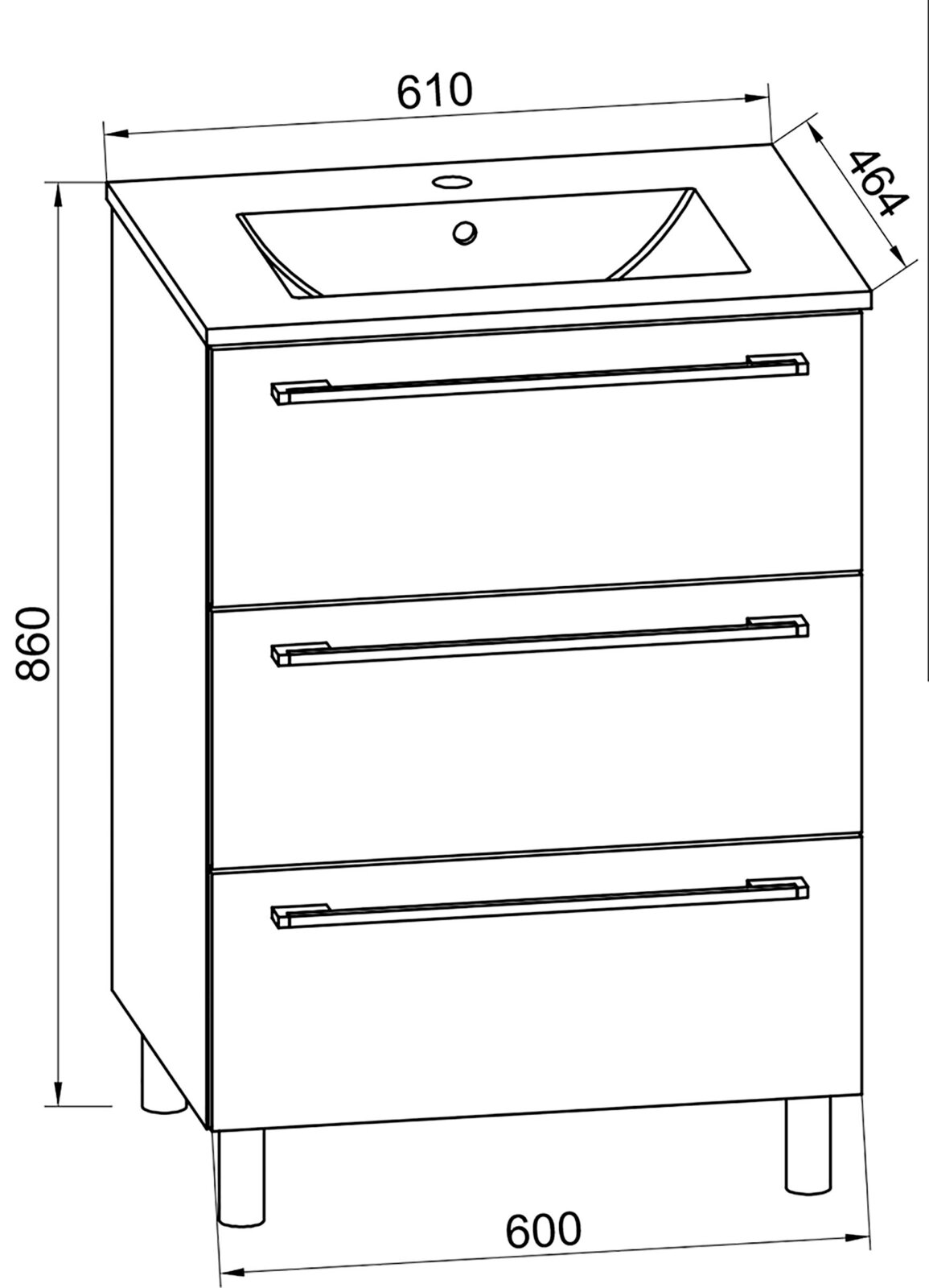 Technische Zeichnung eines Badezimmer-Waschtischunterschranks mit integriertem Waschbecken, drei Schubladen und Griffleisten, Maße ca. 610 x 464 x 860 mm, Perspektive: leicht von vorne oben (3/4-Ansicht)