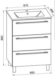 Technische Zeichnung eines Badezimmer-Waschtischunterschranks mit integriertem Waschbecken, drei Schubladen und Griffleisten, Maße ca. 610 x 464 x 860 mm, Perspektive: leicht von vorne oben (3/4-Ansicht)