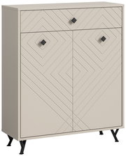 Schuhkommode in Beige mit geometrischem Muster und schwarzen Griffen, seitliche Perspektive