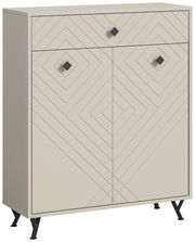 Schuhkommode in Beige mit geometrischem Muster und schwarzen Griffen, seitliche Perspektive