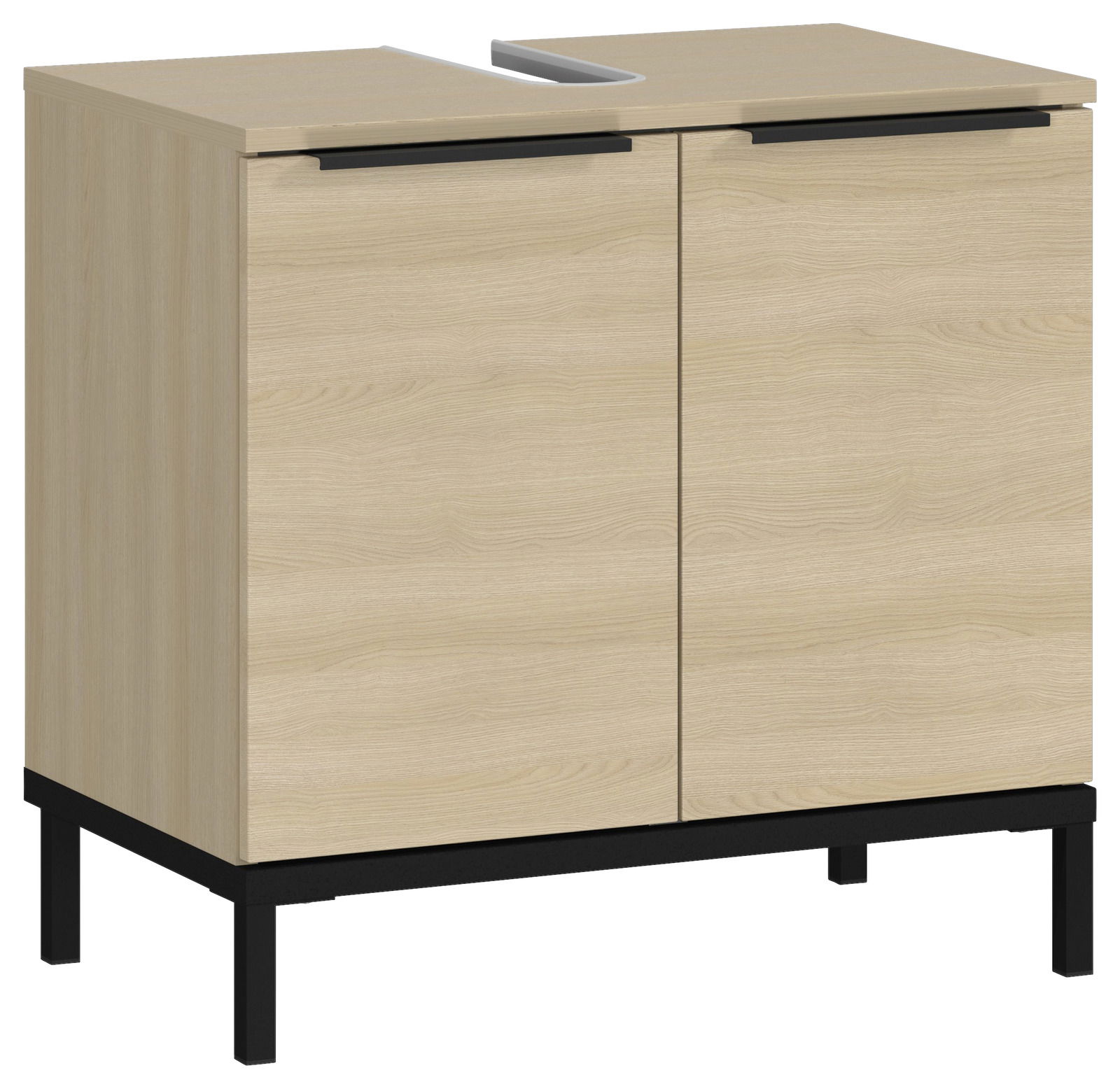 XORA Waschbeckenunterschrank LAVEGA Waschbeckenunterschrank aus hellem Holz mit zwei Türen und schwarzen Griffen, seitliche Perspektive