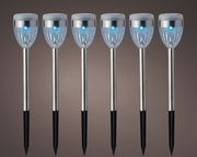 Sechs Solar Stabbeleuchten in einer frontalen Ansicht, mit leuchtenden blauen LEDs und silbernen Gehäusen.
