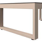 Nahaufnahme eines modernen, rechteckigen Tischgestells in Beige mit schwarzer Tischplatte, seitliche Perspektive.