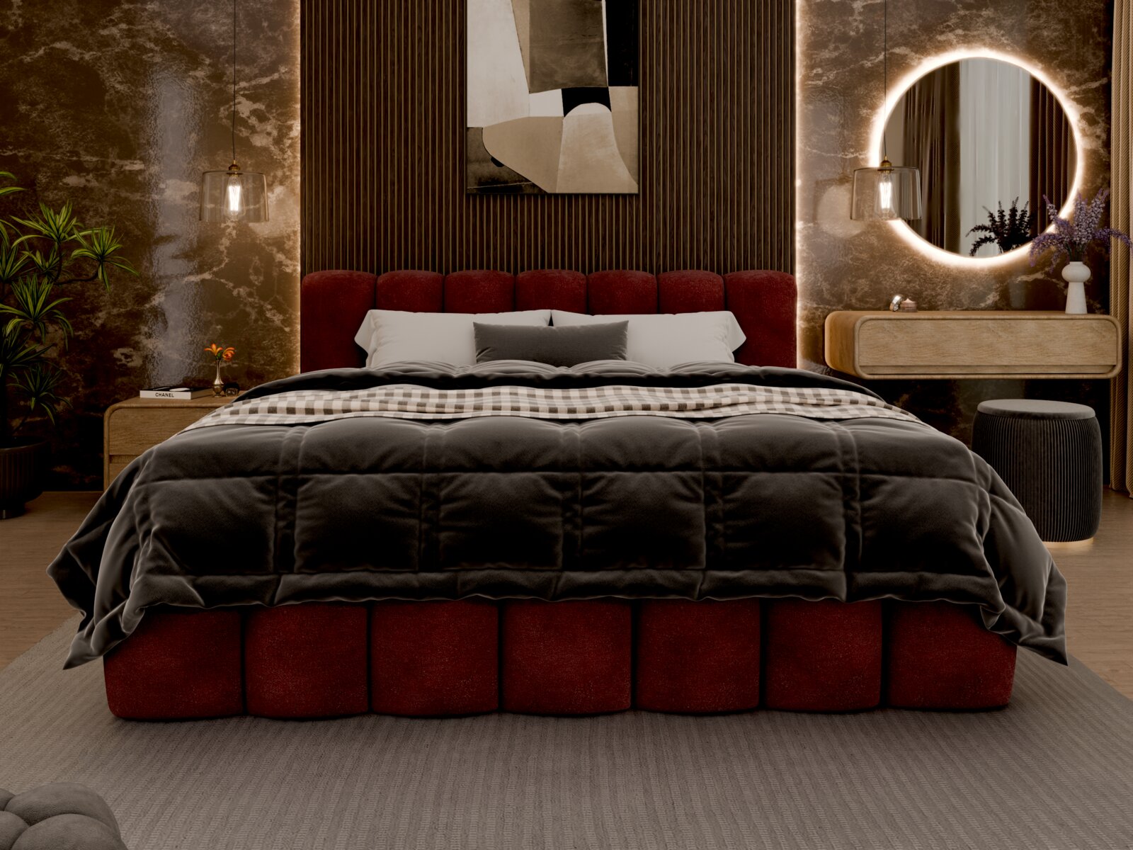 Luxe gestoffeerd bedframe in rood met een doorgestikt hoofdeinde, gefotografeerd van voren in een elegant ingerichte slaapkamer met moderne decoratieve elementen.