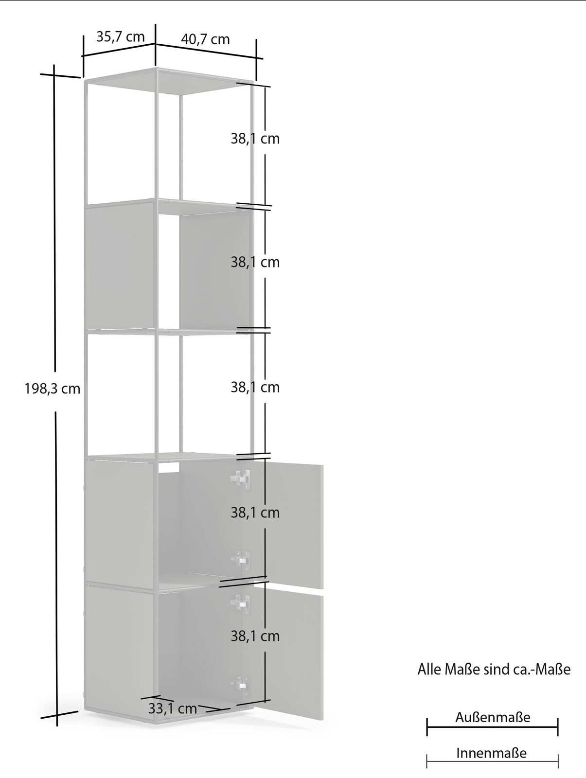 Hohes Aktenregal mit vier offenen Fächern und zwei Fächern mit Türen, seitliche Perspektive, Maße: 198,3 cm hoch, 40,7 cm breit, 35,7 cm tief.