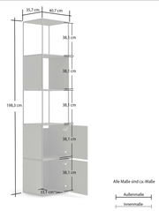 Hohes Aktenregal mit vier offenen Fächern und zwei Fächern mit Türen, seitliche Perspektive, Maße: 198,3 cm hoch, 40,7 cm breit, 35,7 cm tief.