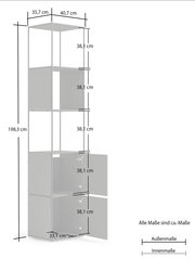 Hohes Aktenregal mit vier offenen Fächern und zwei Fächern mit Türen, seitliche Perspektive, Maße: 198,3 cm hoch, 40,7 cm breit, 35,7 cm tief.