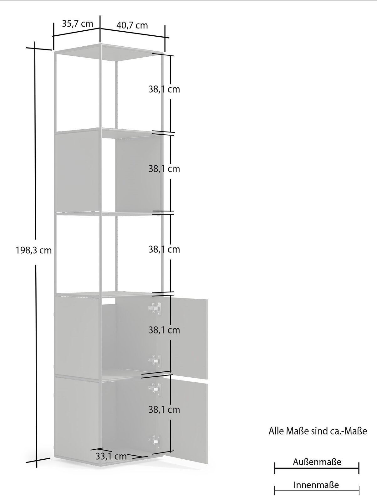 Hohes Aktenregal mit vier offenen Fächern und zwei Fächern mit Türen, seitliche Perspektive, Maße: 198,3 cm hoch, 40,7 cm breit, 35,7 cm tief.