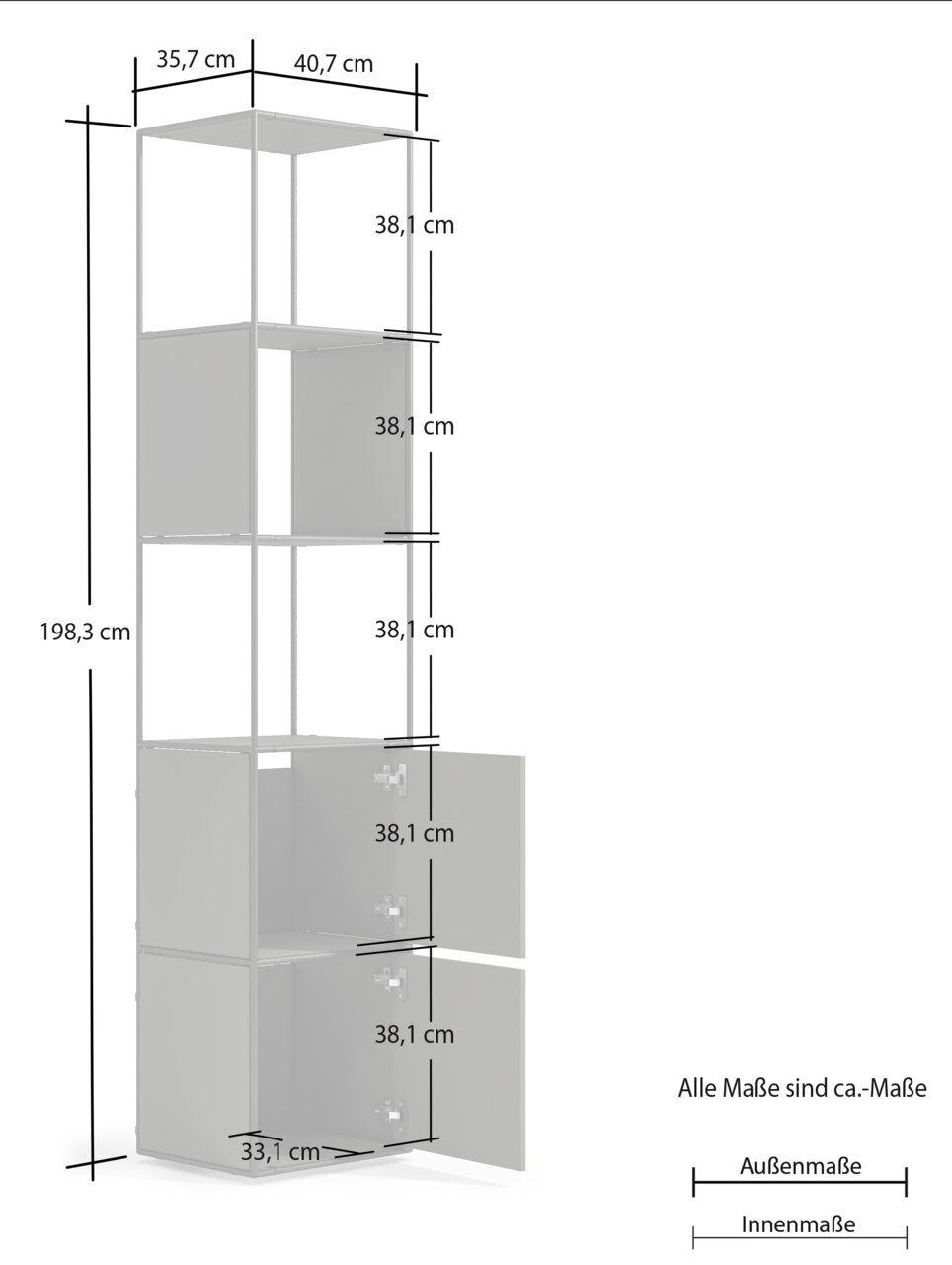 Hohes Aktenregal mit vier offenen Fächern und zwei Fächern mit Türen, seitliche Perspektive, Maße: 198,3 cm hoch, 40,7 cm breit, 35,7 cm tief.