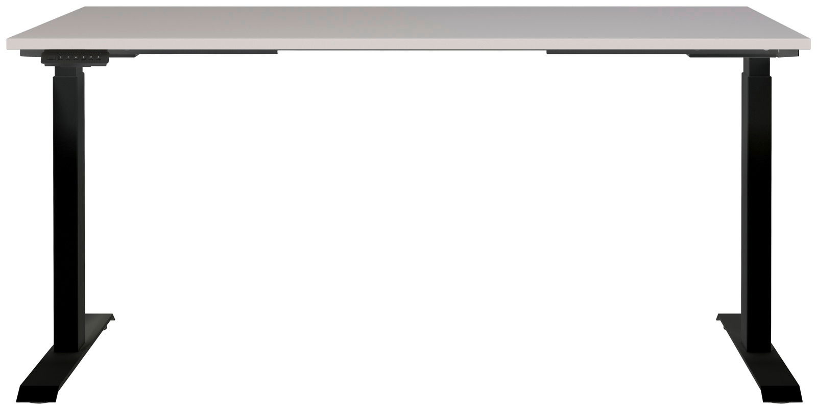 Elektrisch höhenverstellbarer Schreibtisch in Frontalansicht mit schwarzem Gestell und weißer Tischplatte.