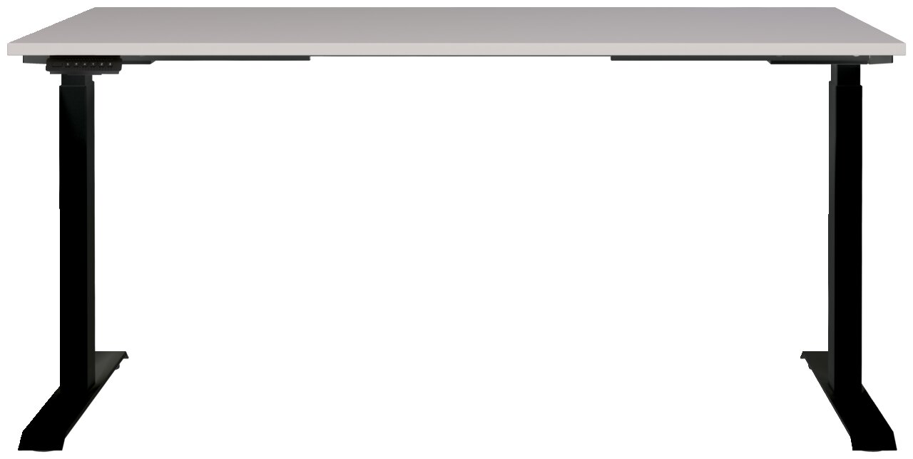 Elektrisch höhenverstellbarer Schreibtisch in Frontalansicht mit schwarzem Gestell und weißer Tischplatte.