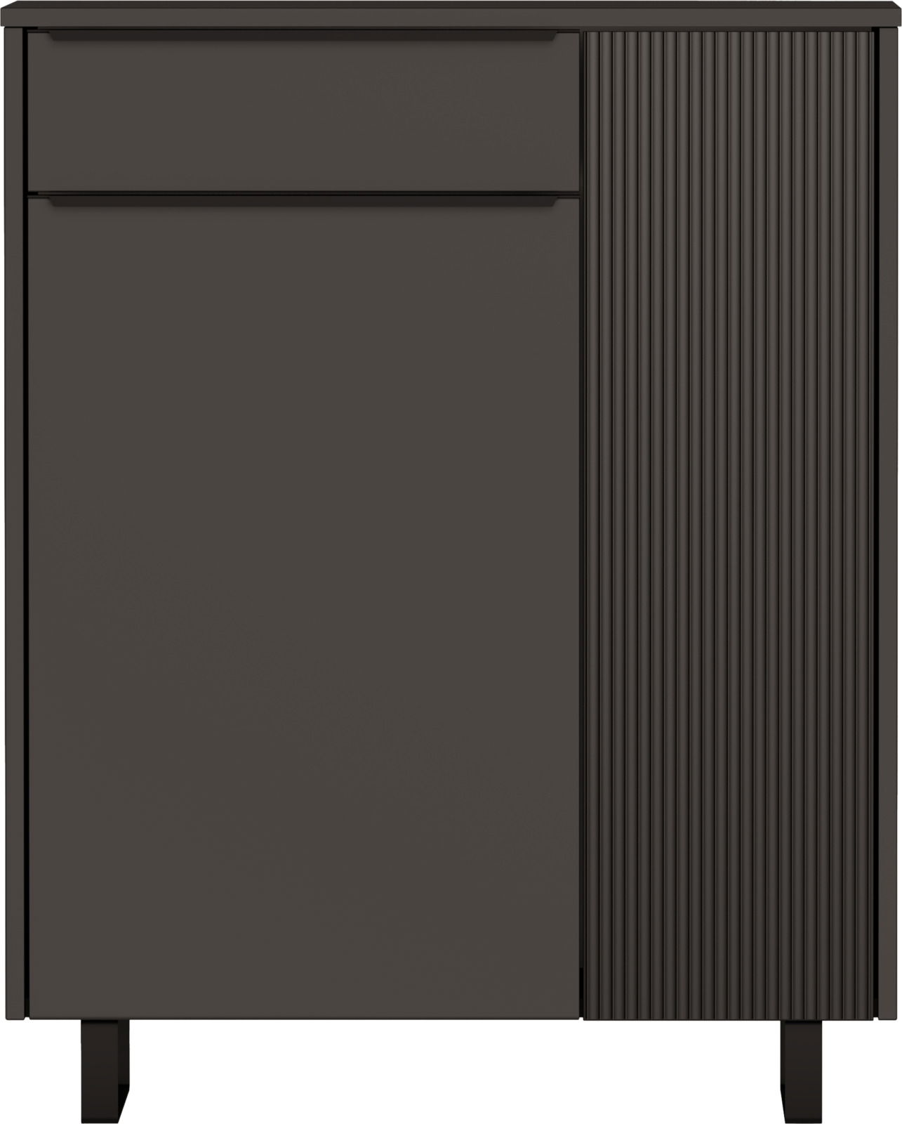 Schuhschrank in dunklem Design mit einer glatten und einer geriffelten Tür, Frontalansicht