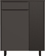 Schuhschrank in dunklem Design mit einer glatten und einer geriffelten Tür, Frontalansicht