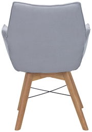 Rückansicht eines grauen Armlehnenstuhls mit Holzbeinen