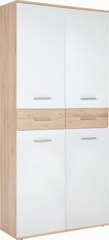 Moderner XL-Schuhschrank in Holzoptik mit weißen Türen, seitliche Perspektive