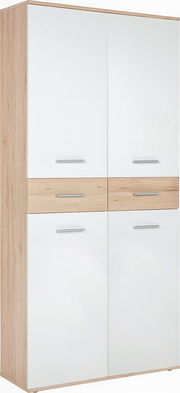 Moderner XL-Schuhschrank in Holzoptik mit weißen Türen, seitliche Perspektive