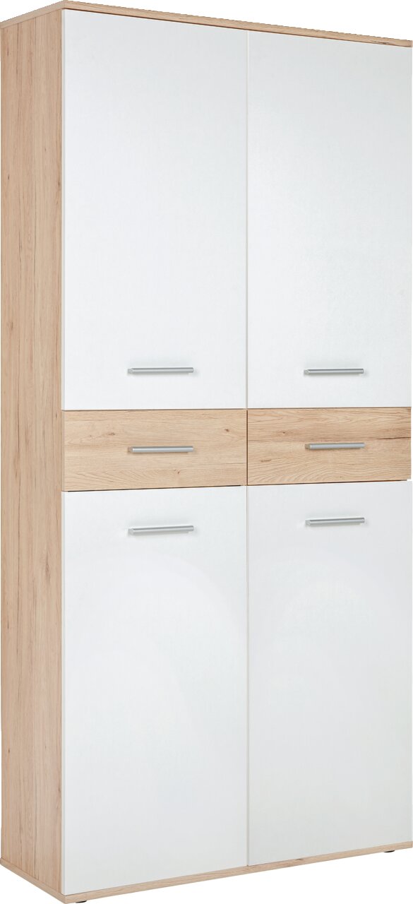Moderner XL-Schuhschrank in Holzoptik mit weißen Türen, seitliche Perspektive