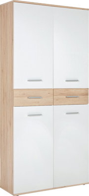 Moderner XL-Schuhschrank in Holzoptik mit weißen Türen, seitliche Perspektive