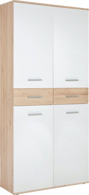 Moderner XL-Schuhschrank in Holzoptik mit weißen Türen, seitliche Perspektive