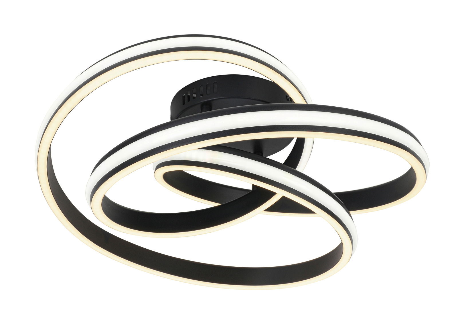 Moderne LED-Deckenleuchte mit verschlungenen Ringen, seitliche Perspektive