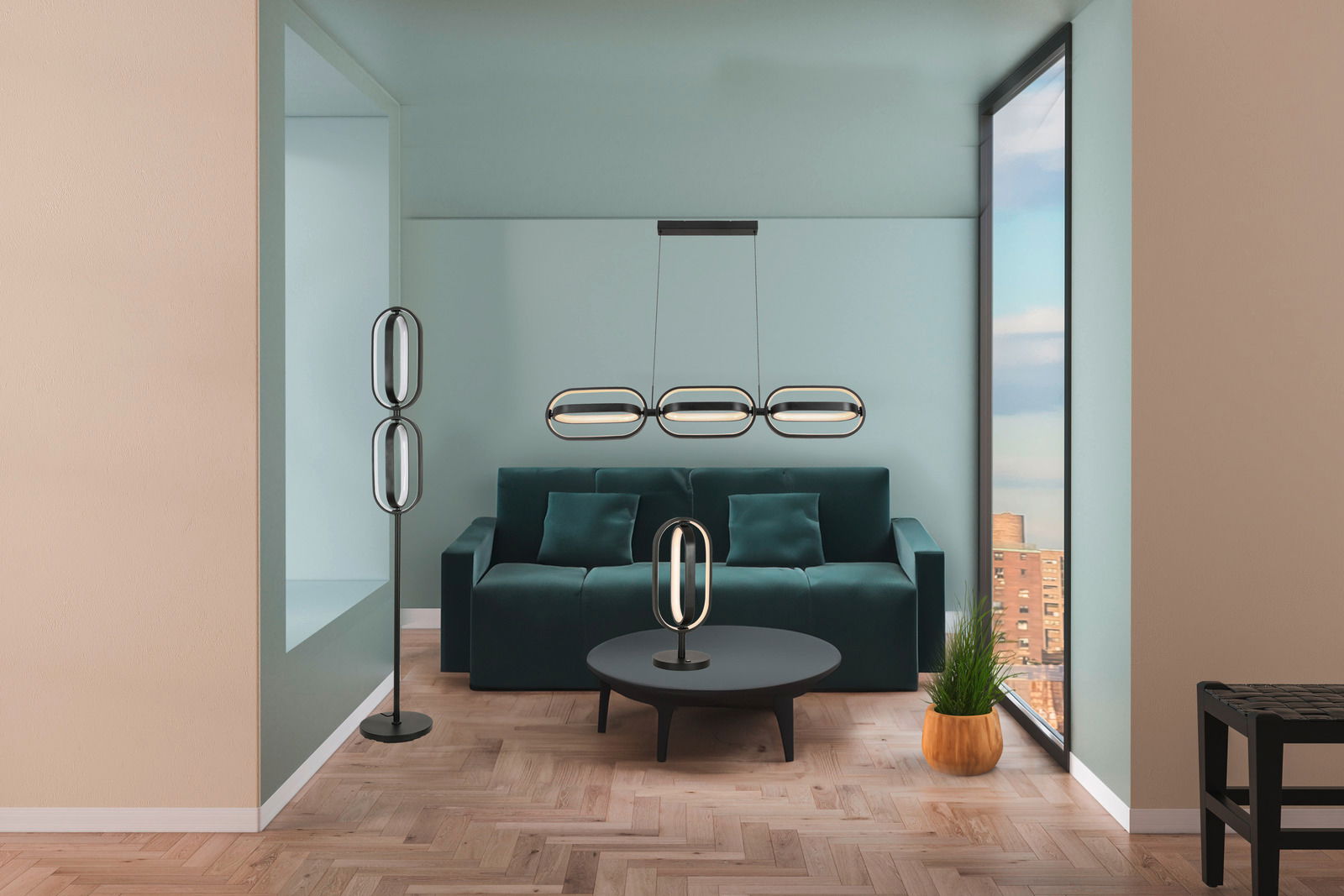 Moderne LED-Hängeleuchte in einem stilvollen Wohnzimmer, frontal über einem Sofa hängend.