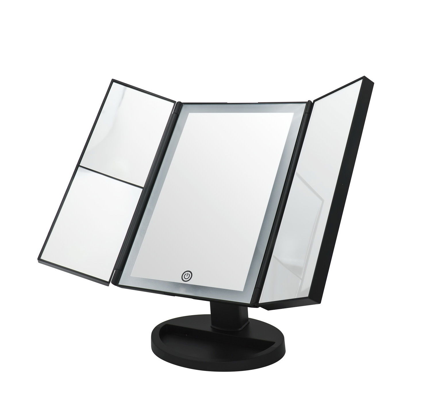 Schwarzer Kosmetik-Spiegel Vivian mit drei klappbaren Spiegeln, frontal leicht von der Seite betrachtet.