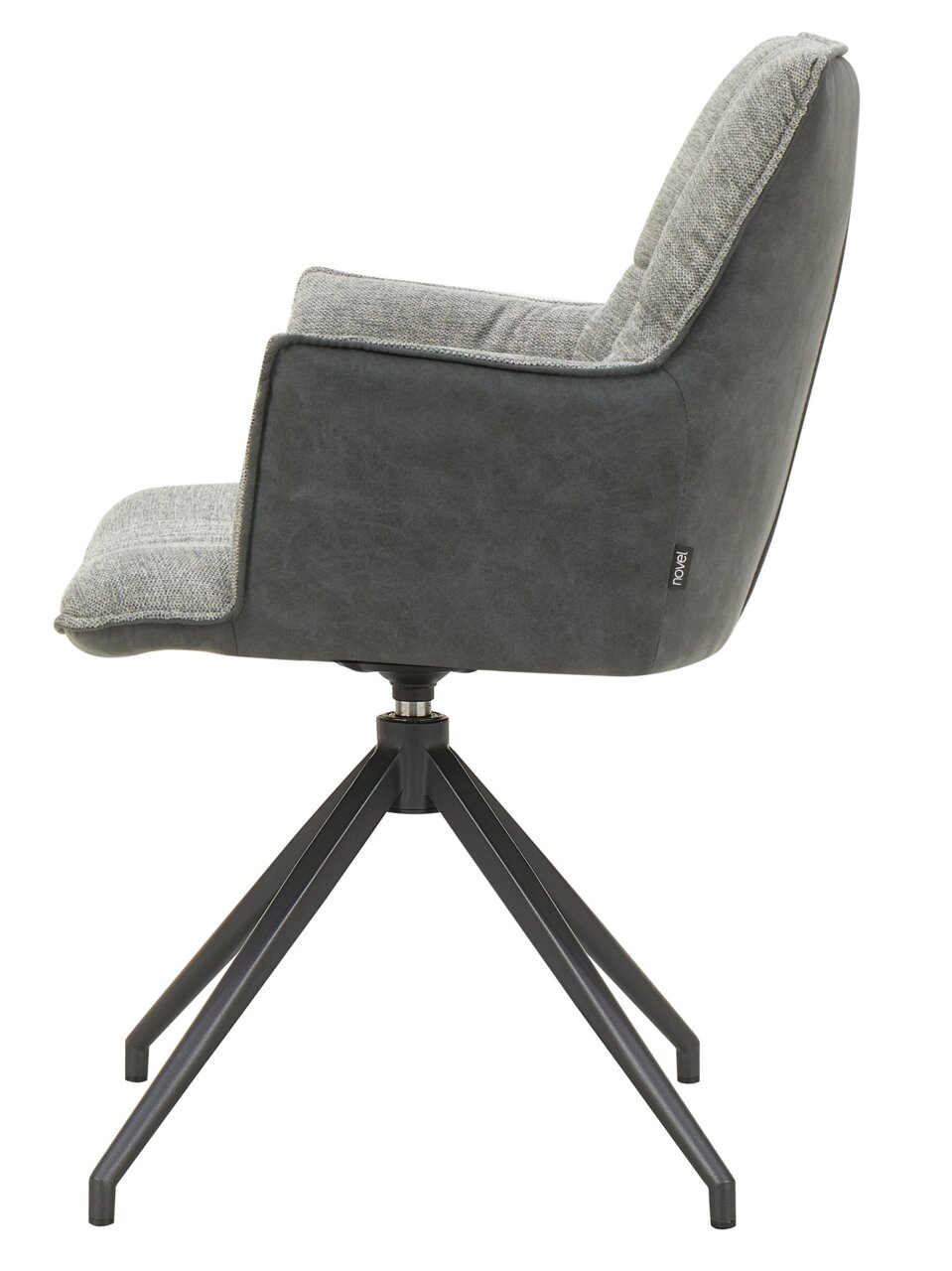 Seitliche Ansicht des Novel Sessels OSAKA 2.0 mit grauem Stoffbezug und schwarzem Metallgestell.
